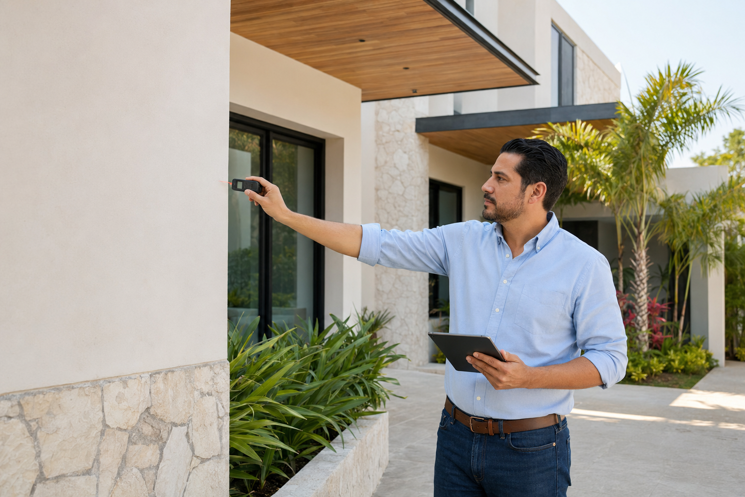 Profesional de valuación realizando la medición exterior de una vivienda